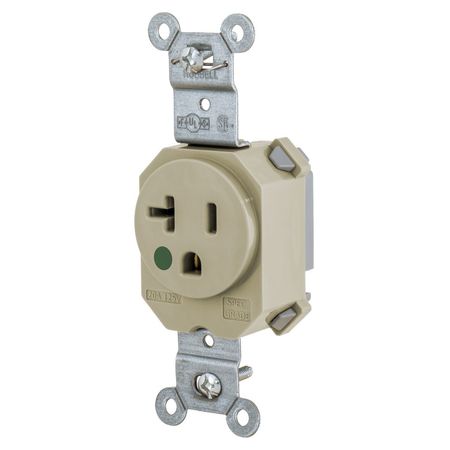 HUBBELL WIRING DEVICE-KELLEMS Straight Blade Devices, Hospital Grade, Receptacles, Simplex, SNAPConnect, Hospital Grade, 20A 125V, 2-Pole 3-Wire Grounding, 5-20R, Nylon, Ivory SNAP8310I